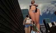 giantess city mega blonde long_hair swimsuit barefoot cleavage buildings brunette scared navel shorts looking_down pants onlookers shirt top digital_render
