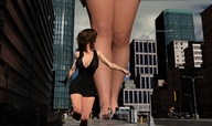 giantess city mega barefoot cleavage buildings brunette running vehicles onlookers mini_skirt van digital_render