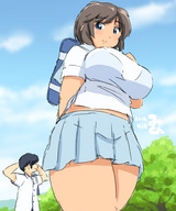 drawing gentle giantess color blue_eyes clothed skirt huge_breasts brunette uniform walking sketch looking_down backpack みとん miton