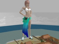 giantess swimsuit ocean angry final_fantasy pink_hair sandals looking_down sand boats earrings lightning hand_on_hips digital_render