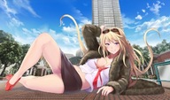 drawing giantess blonde color long_hair blue_eyes clothed buildings anime posing navel belly tie sunglasses shirt trees looking_at_viewer mini_skirt slippers fur_jacket