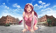 drawing giantess city color long_hair clothed cleavage high_heels buildings smiling red_hair dress crawling trees