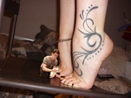 collage feet barefoot foot_worship kneeling shrunken_man pedicure tattoo ankle_bracelet polishing tiptoes