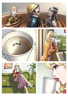 drawing vore blonde comic color long_hair clothed skirt high_heels wet brunette sitting men unaware shrunken_people painting drinking giantessfan sofa plants coffee_mug treading_water