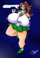 drawing blushing earth color handheld green_eyes huge_breasts brunette sailor_moon ponytail boots sailor_jupiter between_fingers stars miniskirt makoto_kino cosmic_giantess theenglishgent