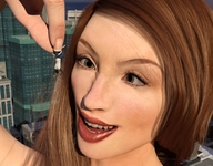 giantess city handheld buildings green_eyes brunette smiling open_mouth dangle between_fingers point_of_view digital_render