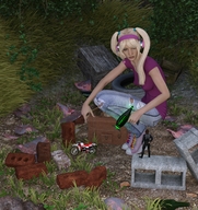 blonde long_hair clothed jeans squatting bottle headphones shrunken_man ponytails standing sneakers purse jacket shirt motorcycle ripped_clothing shrink_gun digital_render bricks concrete_blocks tire crate