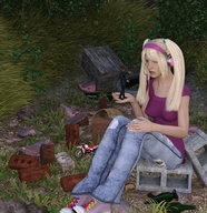 gentle blonde long_hair clothed handheld jeans sitting bottle headphones shrunken_man ponytails sneakers shirt motorcycle ripped_clothing shrink_gun digital_render bricks concrete_blocks tire crate