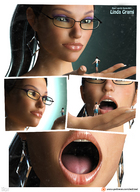 vore long_hair tongue teeth handheld glasses brunette story lips ponytail shrunken_man open_mouth earrings looking_at_tiny digital_render eatmei