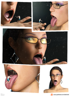 vore long_hair tongue handheld barefoot brunette story ponytail shorts shrunken_man open_mouth earrings digital_render eatmei