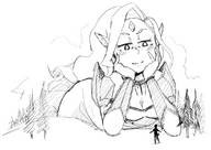 drawing giantess cleavage lying_down unknown_artist sketch monchrome trees looking_at_tiny pointed_ears