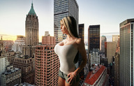 breasts giantess collage city blonde large_breasts alexia
