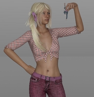 gentle blonde long_hair clothed handheld jeans navel belly ponytails standing dangle manicure digital_render crop_top