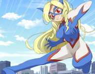 drawing giantess horns city blonde color long_hair clothed buildings red_eyes sunny kicking costume my_hero_academia yassy mt._lady