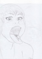 drawing giantess vore monochrome tongue short_hair shrunken_man open_mouth rooster on_tongue milkybody