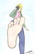 drawing blonde color toes barefoot looking_down ponytails point_of_view looking_at_viewer camcorder