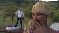 gentle blonde long_hair handheld angry smiling shrunken_man laughing manicure looking_back cellphone trees megaphone hills mole digital_render yard
