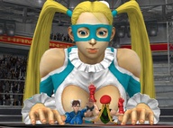 giantess blonde blue_eyes cleavage brunette lying_down fighting looking_down mask indoors crowds pony_tails boxing_ring digital_render roodedude