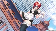 drawing giantess blushing color blue_eyes buildings glasses red_hair short_hair sitting looking_down maid_uniform sitting_on_building dmm_games super_huge_jurassic_girls