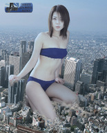 panties mega destruction brunette underwear asian smoke looking_at_viewer kneeling_down hand_on_building lip_gloss