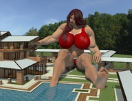 gentle giantess panties long_hair barefoot cleavage bra huge_breasts brunette sitting muscles pool houses touching digital_render yard