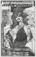 gentle comic monochrome large_breasts long_hair clothed cleavage brunette story shrunken_man standing costume femforce she-cat microman