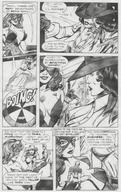 gentle comic monochrome long_hair clothed handheld cleavage brunette story sitting shrunken_man costume dialogue bouncing femforce she-cat microman