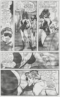 breasts drawing comic monochrome long_hair clothed cleavage story sitting shrunken_man women standing costume dialogue cowboy_hat femforce she-cat microman