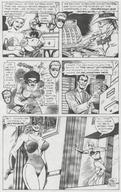 comic long_hair clothed cleavage brunette story shrunken_woman shrunken_man standing costume dialogue femforce pistol cash_register she-cat microman crimefighting file_cabinet