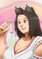 drawing giantess furry blushing black_hair color cum cleavage brown_eyes condom trapped commission ydnkm shrine_maiden looking_at_tiny spokle kotoki trapped_in_condom mekuto