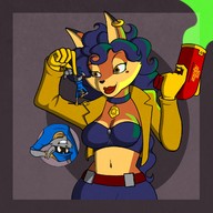 breasts drawing gentle giantess furry anthro color large_breasts long_hair clothed handheld cleavage bra blue_hair fox brown_eyes smiling story gloves police piercings raccoon collar shrunken_man mask dangle lipstick jewelry jacket earrings top commission belt matthew_the_mouse zipper shrink_gun no_background thief looking_at_tiny sly_cooper orange_skin carmelita_fox smirking saatchi cutaway bare_midriff police_officer sly_cooper_(series) beauty_mark