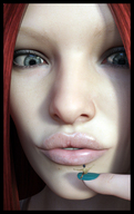 micro red_hair shrunken_man nail_polish fingernail looking_at_tiny digital_render lip_gloss gfsm