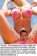 breasts nipples collage blonde long_hair swimsuit cleavage butt_crush domination sitting legs shrunken_man sunglasses tattoo towel dialogue sunbathing squeezemeflat navel_ring