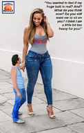 gentle collage long_hair clothed cleavage high_heels jeans brunette smiling boots walking shrunken_man top dialogue squeezemeflat sidewalk