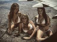 mega blonde black_hair large_breasts long_hair swimsuit destruction cleavage brunette lying_down sitting giantesses aerial_view point_of_view necklace looking_at_viewer hand_on_ass