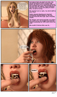 breasts nipples vore blonde comic long_hair tongue teeth handheld barefoot green_eyes scared story lips red_hair open_mouth screaming dialogue digital_render openhighhat vanity