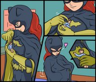 drawing gentle comic color handheld gloves red_hair hugging batgirl cape belt dc_comics xentain barbara_gordon