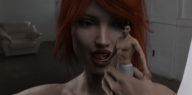 tongue licking handheld underwear domination red_hair shrunken_man open_mouth chair looking_at_tiny digital_render dofus59