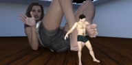gentle giantess feet long_hair butt blue_eyes clothed toes barefoot brunette shorts foot_play teasing pedicure floor digital_render dofus59