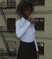 gentle giantess clothed handheld skirt standing dark_skin shirt earrings alley digital_render fire_escape