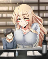 drawing gentle blonde color long_hair clothed cleavage glasses huge_breasts mini_giantess bottle books reading mejiro