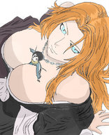 drawing color large_breasts blue_eyes cleavage dress looking_up orange_hair between_breasts