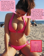 breasts gentle collage long_hair swimsuit beach cleavage ocean brunette ponytail kneeling navel looking_down sand dialogue panty_entrapment incest