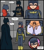 drawing gentle comic color handheld red_hair mask batgirl batman cape belt dc_comics xentain barbara_gordon between_breasts