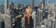 giantess collage high_heels brunette smiling outdoors looking_at_viewer sitting_on_building ser-gts