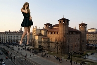 giantess city long_hair high_heels buildings brunette dress streets lipstick vehicles necklace bystanders among_the_crowd