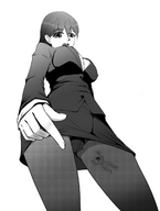 drawing gentle monochrome black_hair long_hair butt barefoot skirt camel_toe shrunken_man naked_man jacket shirt guestx inner_thigh trapped_inside_stockings