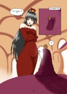 drawing comic black_hair color long_hair cleavage domination yellow_eyes dress shrunken_man female_domination indoors choker earrings dialogue sex_toy imminent_insertion technimind royal_dildo