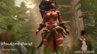 breasts nipples black_hair long_hair teeth mini_giantess amazon jungle shrunken_man forest hiding hunt digital_render anestusan tiger_stripes