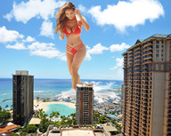 breasts giantess collage mega swimsuit beach cleavage ocean buildings wonderslug looking_down clouds sky resort wading daphne_joy